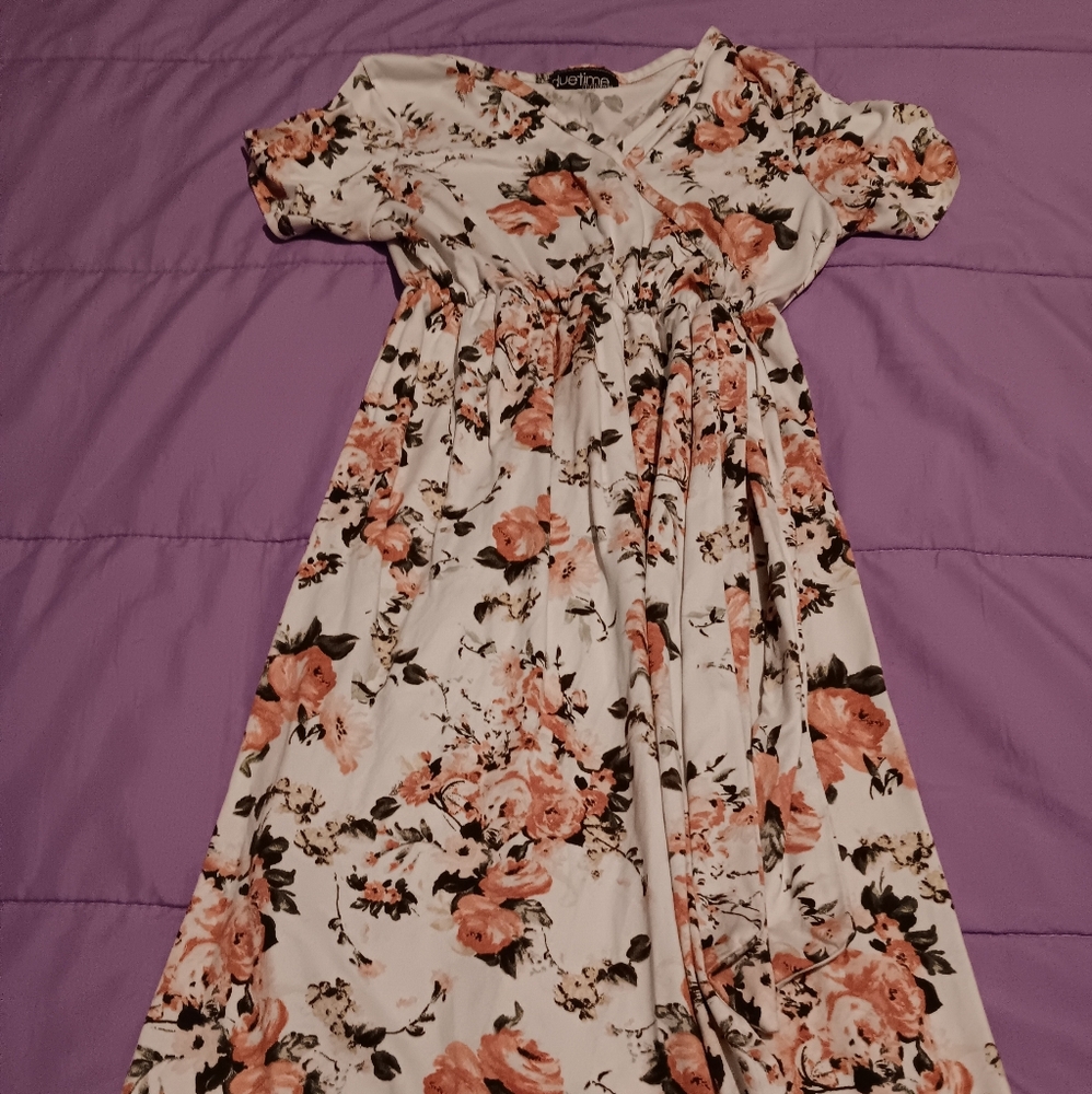 DUETIME Maternity Women's White Pink Flowers Stretch Dress Size-M
